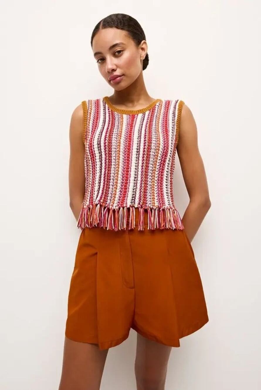 Marie Oliver Collins Top Size M Striped Orange Pink Fringe Luxury Sweater Vest